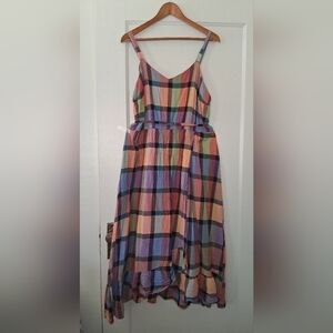 Lane Bryant Multicolor Plaid Sundress | Size 14 | Belted | Ruffled Hi‑Low Hem